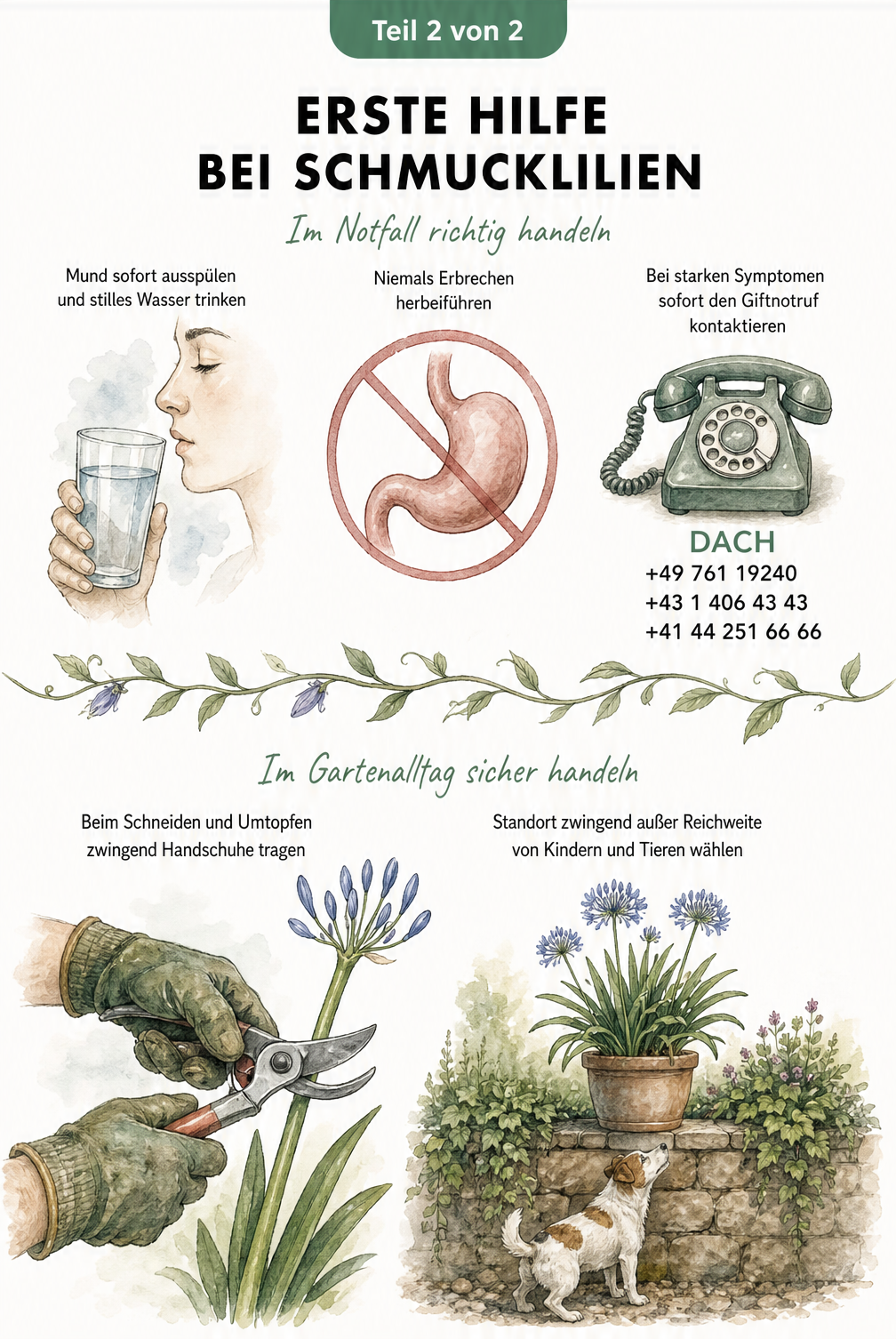 Illustrationen zur Ersten Hilfe bei Schmucklilien-Vergiftung und sicheren Handhabung im Garten, inklusive Notruf und Schutzmaßnahmen.