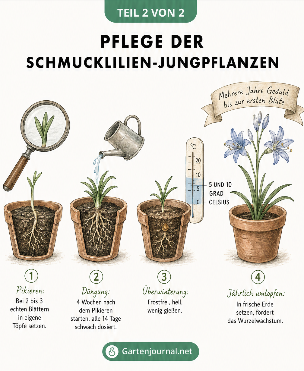 Botanische Illustration der Pflege von Schmucklilien-Jungpflanzen mit Tipps zum Pikieren, Düngen und Überwintern bis zur Blüte