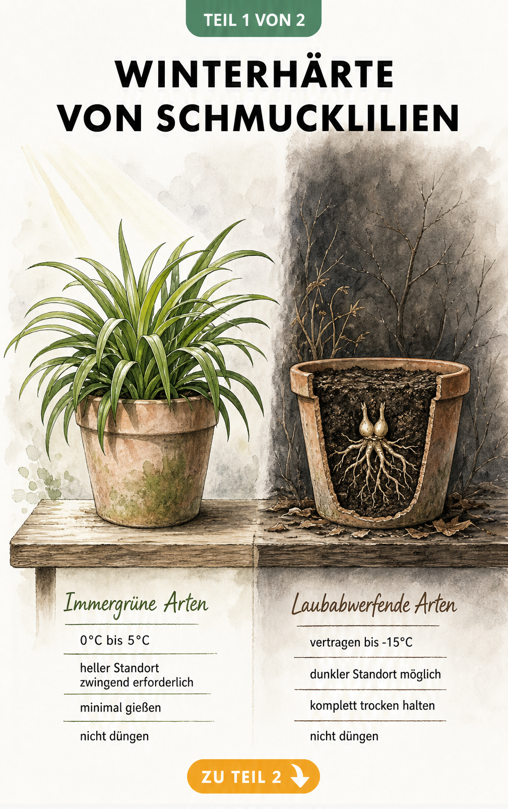 Botanische Gegenüberstellung einer immergrünen und einer laubabwerfenden Schmucklilie im Winter