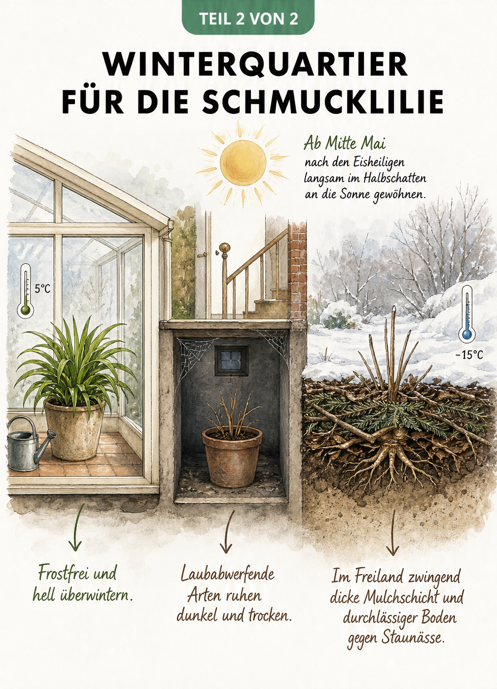 Querschnitt durch Haus und Garten mit den idealen Winterquartieren für Schmucklilien