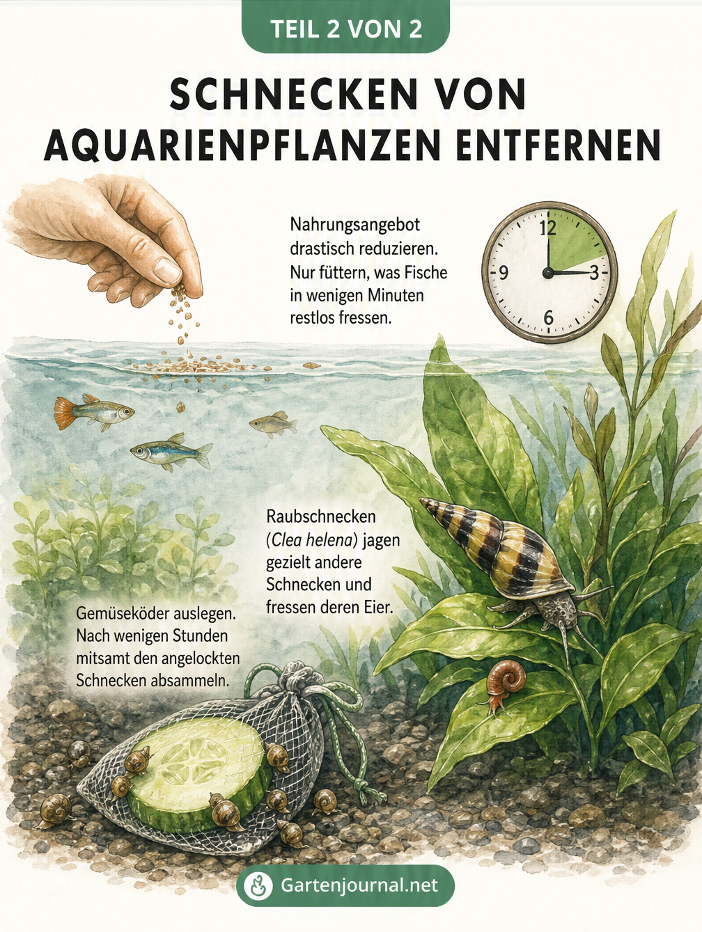 Querschnitt eines Aquariums mit Gemüseköder, Raubschnecke und sparsamer Fütterung zur Reduzierung der Schneckenpopulation.