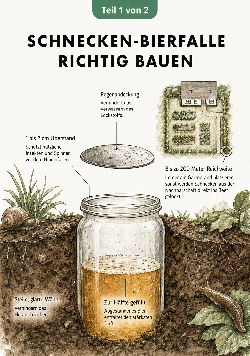 Querschnitt einer Schnecken-Bierfalle im Gartenboden mit Einmachglas, Regenabdeckung und Beschriftungen zum Aufbau