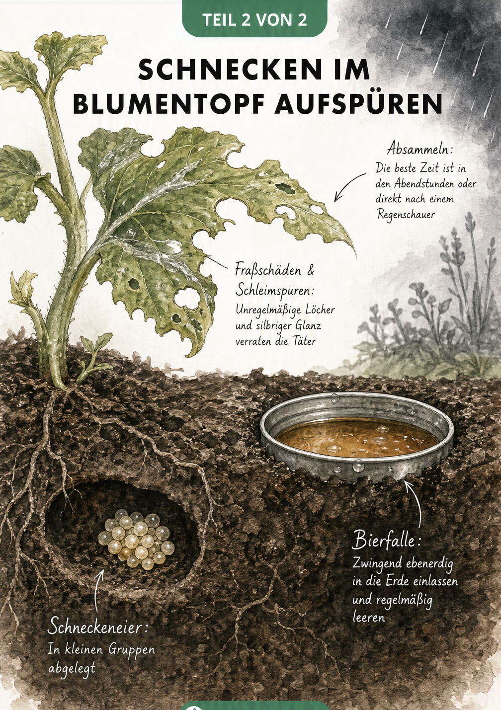 Querschnitt eines Blumentopfs mit Fraßschäden an Blättern, Schneckeneiern in der Erde und einer Bierfalle