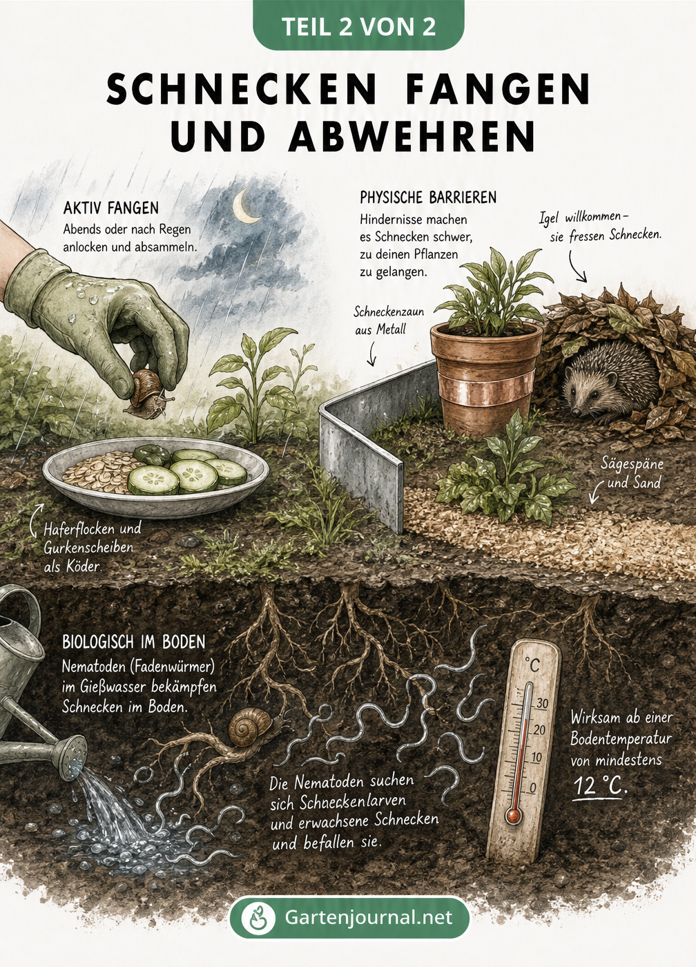 Querschnitt eines Gartenbeets mit Methoden zum Fangen und Abwehren von Schnecken wie Köder, Schneckenzaun und Nematoden