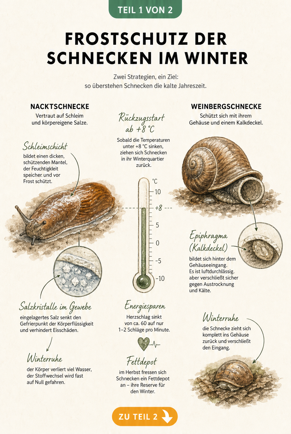Illustration einer Nacktschnecke und einer Weinbergschnecke im Winter mit Details zu Schleimschicht, Salzkristallen und Kalkdeckel