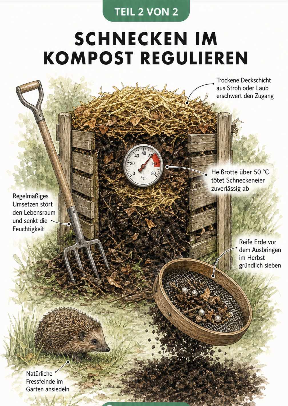 Querschnitt eines Holzkomposters mit Thermometer, Grabegabel und Sieb zur Kontrolle von Schnecken