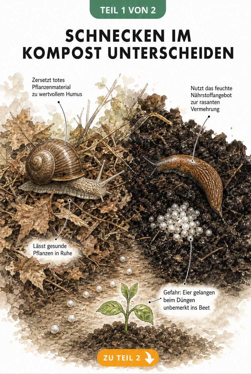 Illustration eines Komposthaufens mit einer Weinbergschnecke auf Laub und einer Nacktschnecke mit Eiern in feuchter Erde
