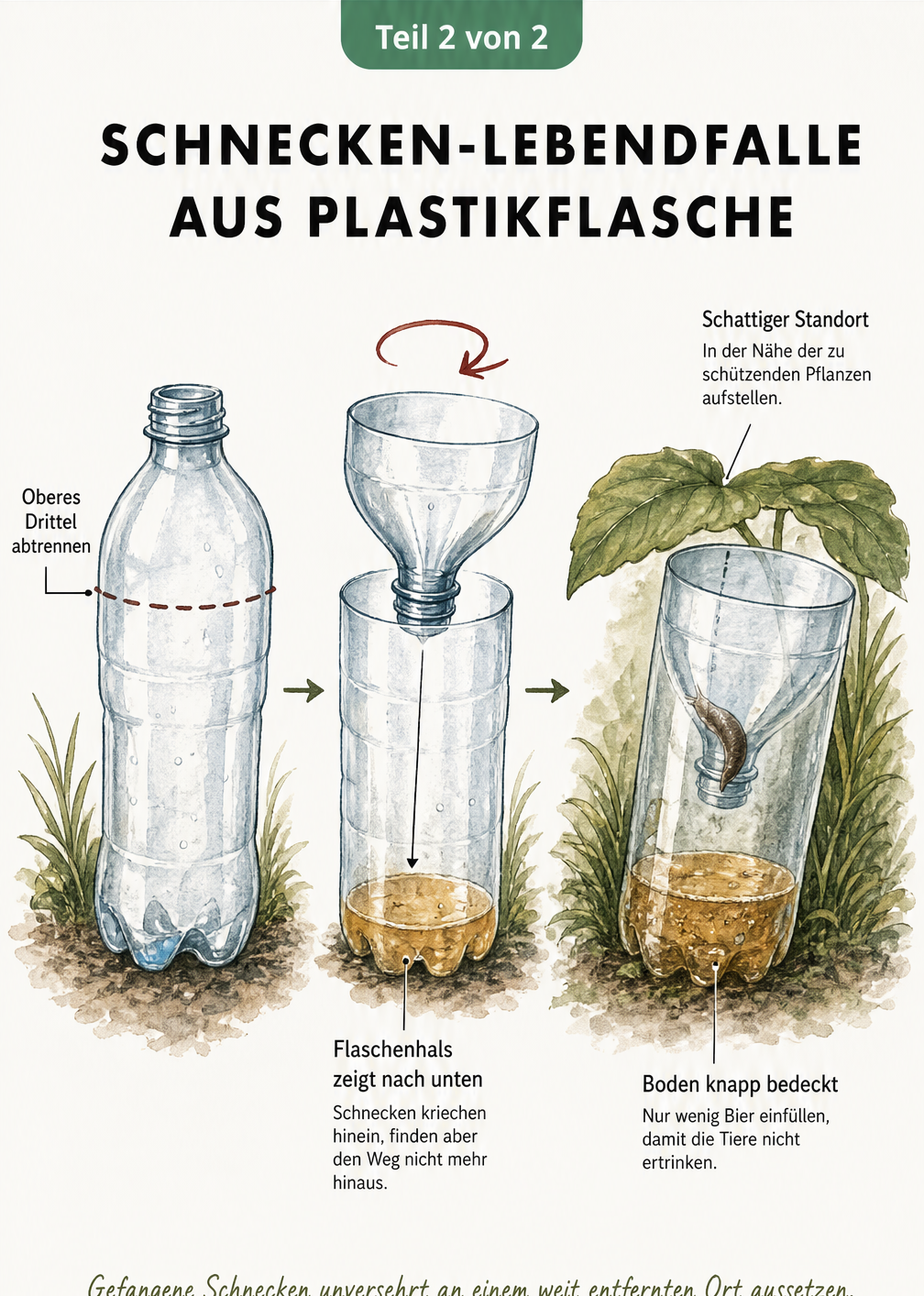 Drei Schritte zum Bau einer Schnecken-Lebendfalle aus einer Plastikflasche mit Trichter-Prinzip