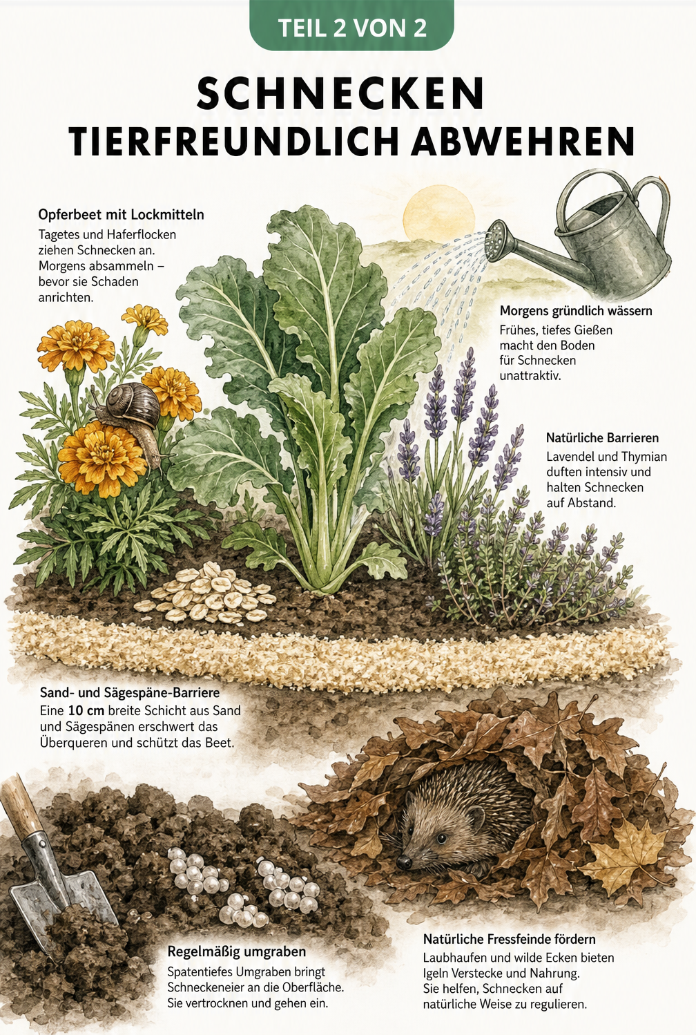 Illustration eines Gartenbeets mit natürlichen Schneckenbarrieren, morgendlichem Gießen, Opferbeeten und natürlichen Fressfeinden wie Igeln