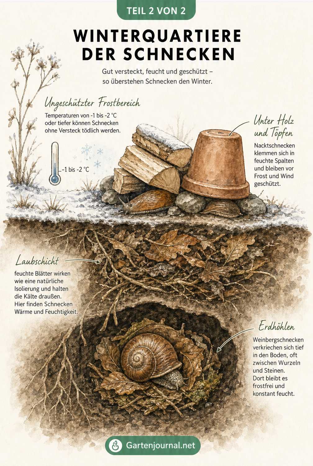 Querschnitt durch einen winterlichen Gartenboden mit Nacktschnecken unter Steinen und einer Weinbergschnecke in einer Erdhöhle