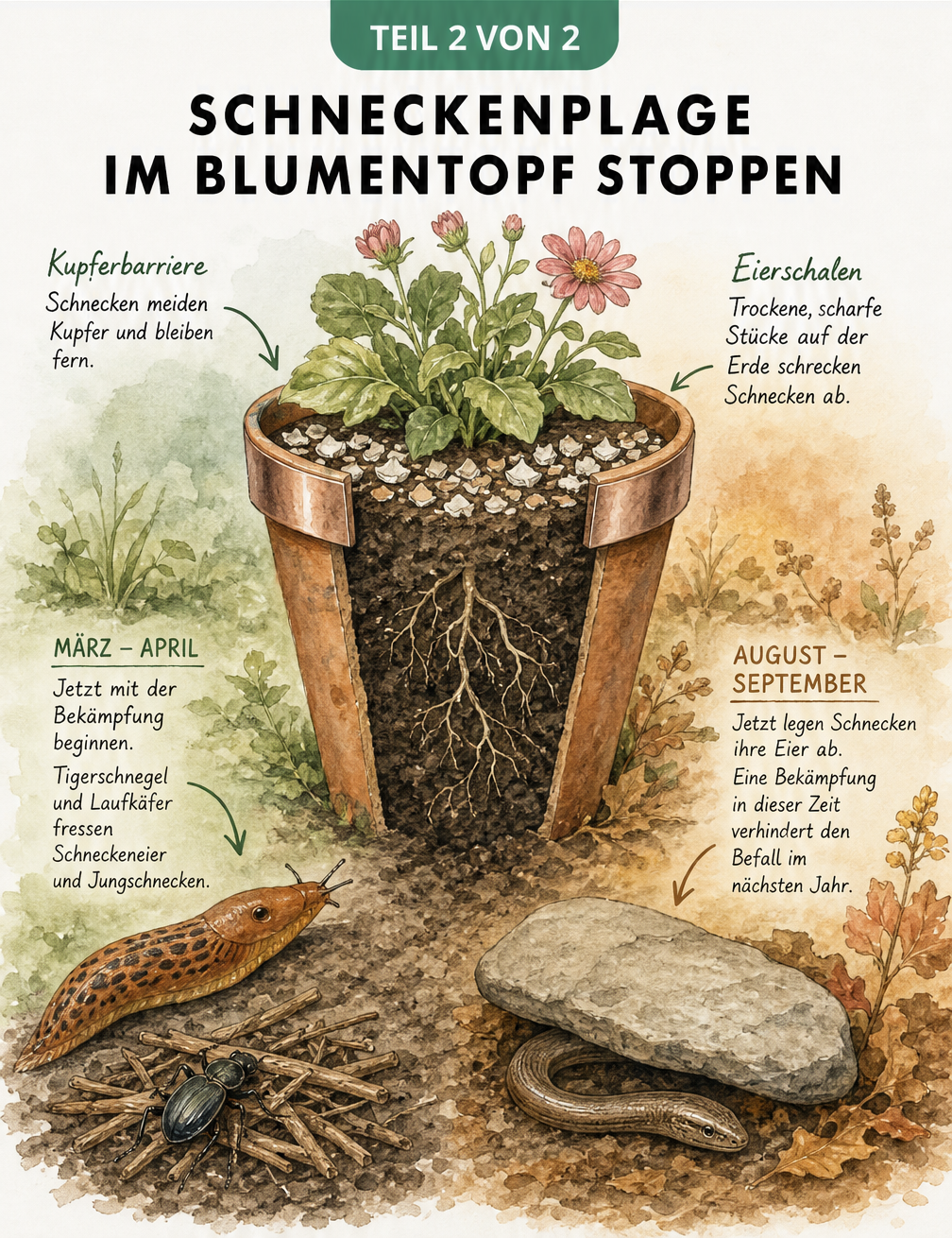 Querschnitt eines Blumentopfs mit Methoden zur Schneckenabwehr