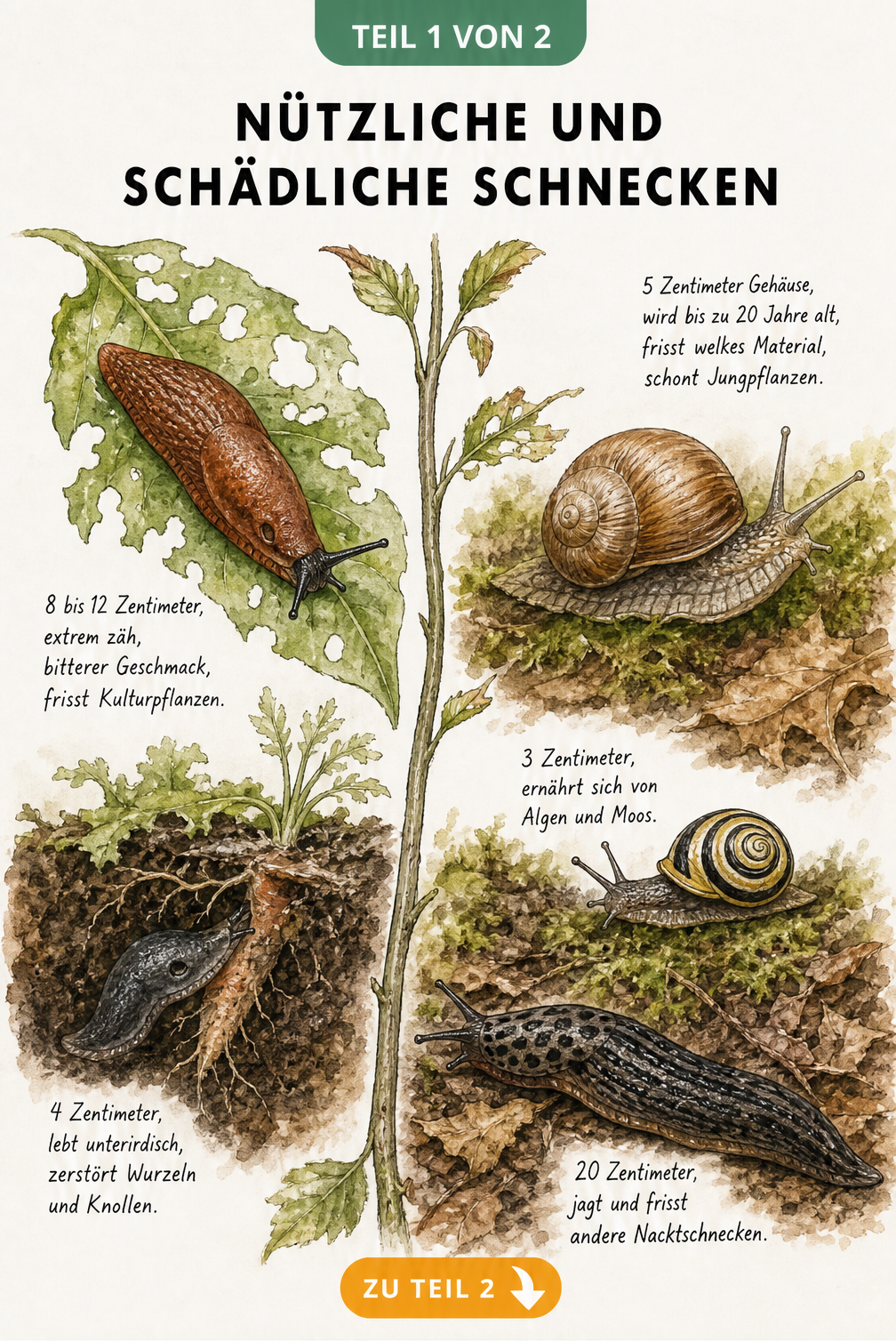 Illustration von schädlichen und nützlichen Schnecken im Garten, darunter Spanische Wegschnecke, Weinbergschnecke und Schnegel.