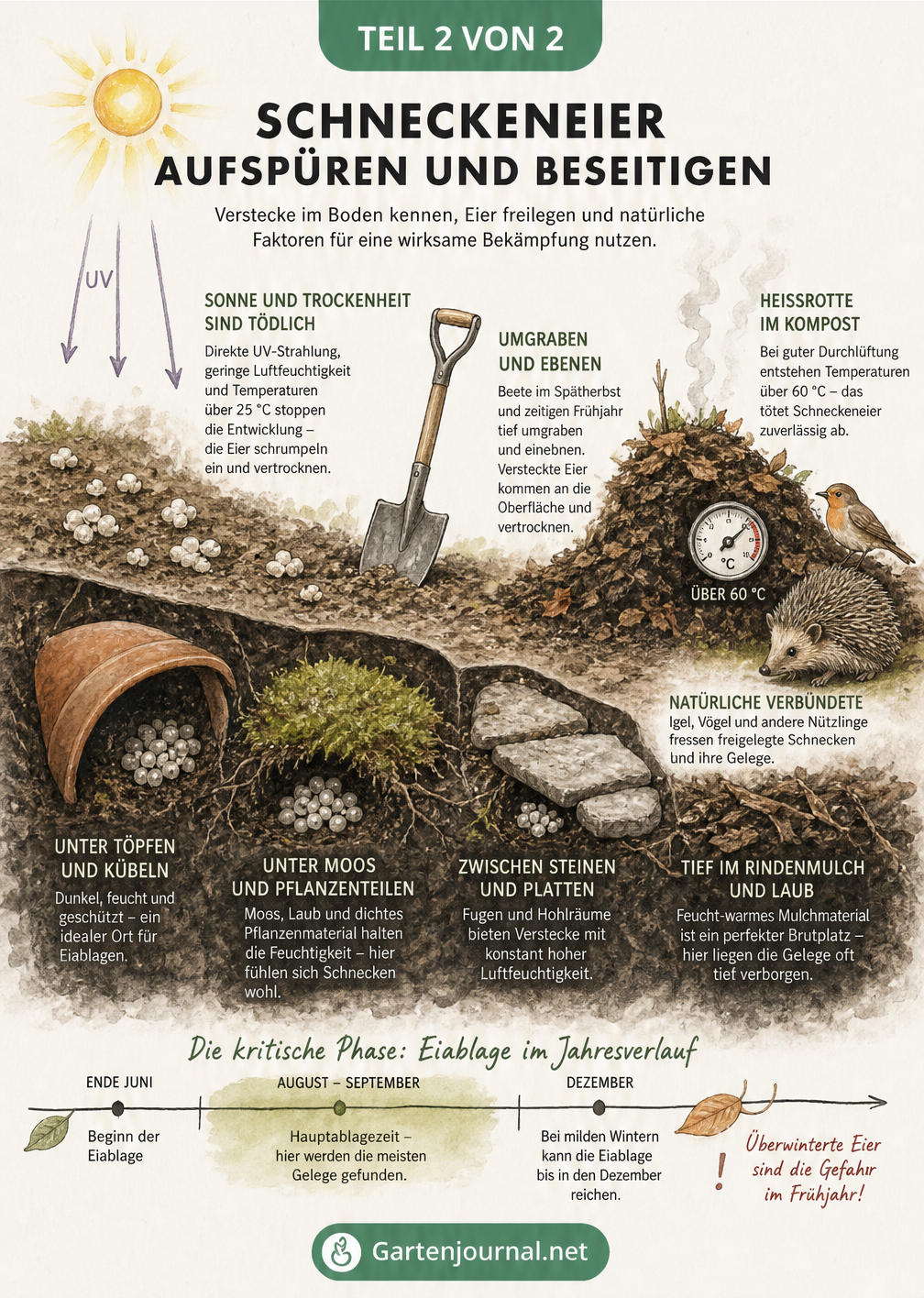 Querschnitt eines Gartenbeets mit Schneckeneiern und Methoden zur Bekämpfung
