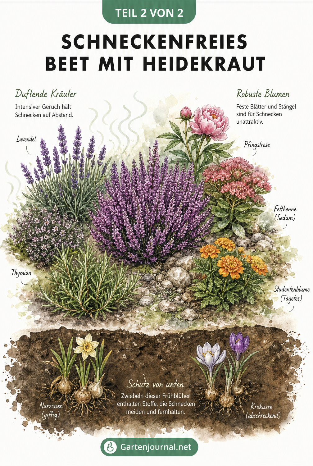 Aquarellierte Beetlandschaft mit Heidekraut, Lavendel, Pfingstrose und Frühlingszwiebeln