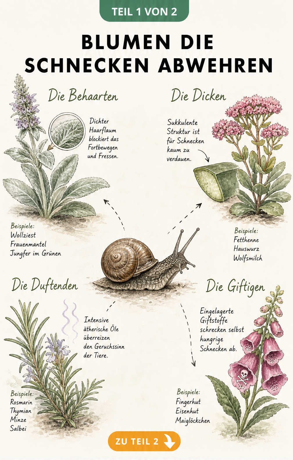 Illustration einer Nacktschnecke, die sich von Wollziest, Fetthenne, Rosmarin und Fingerhut abwendet