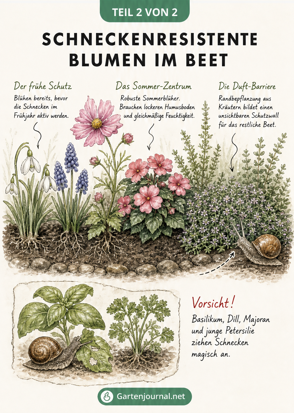 Querschnitt eines Gartenbeets mit schneckenresistenten Frühlingsblühern, Sommerblumen und einer Kräuterbarriere