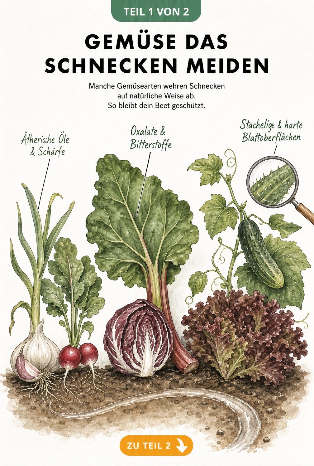 Aquarell-Illustration von Knoblauch, Radieschen, Rhabarber, Radicchio, Gurke und Lollo Rosso mit ihren natürlichen Abwehrmechanismen gegen Schnecken