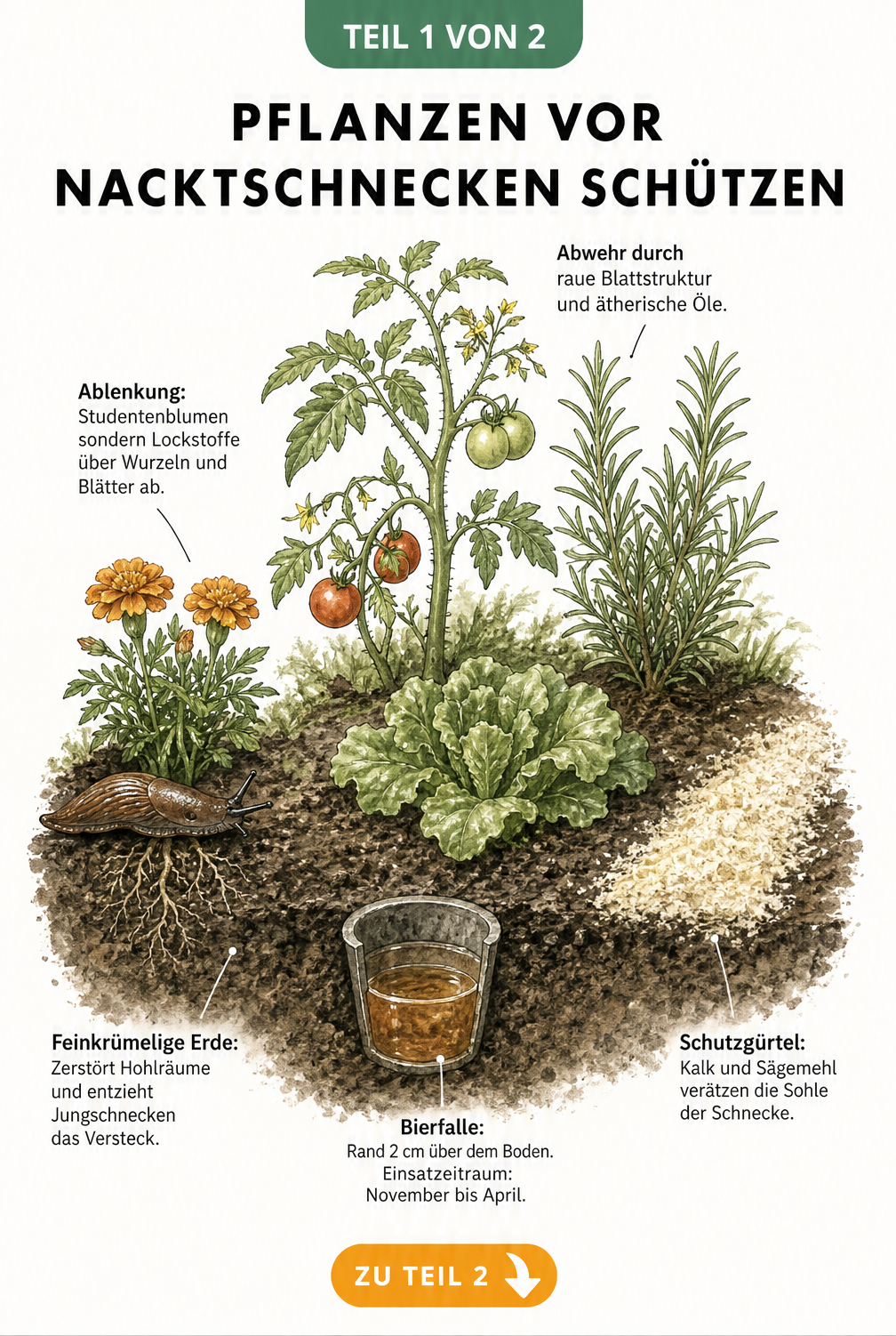 Querschnitt eines Gemüsebeets mit schneckenresistenten Pflanzen, Studentenblumen als Ablenkung, feinkrümeliger Erde, Schutzgürtel und Bierfalle.