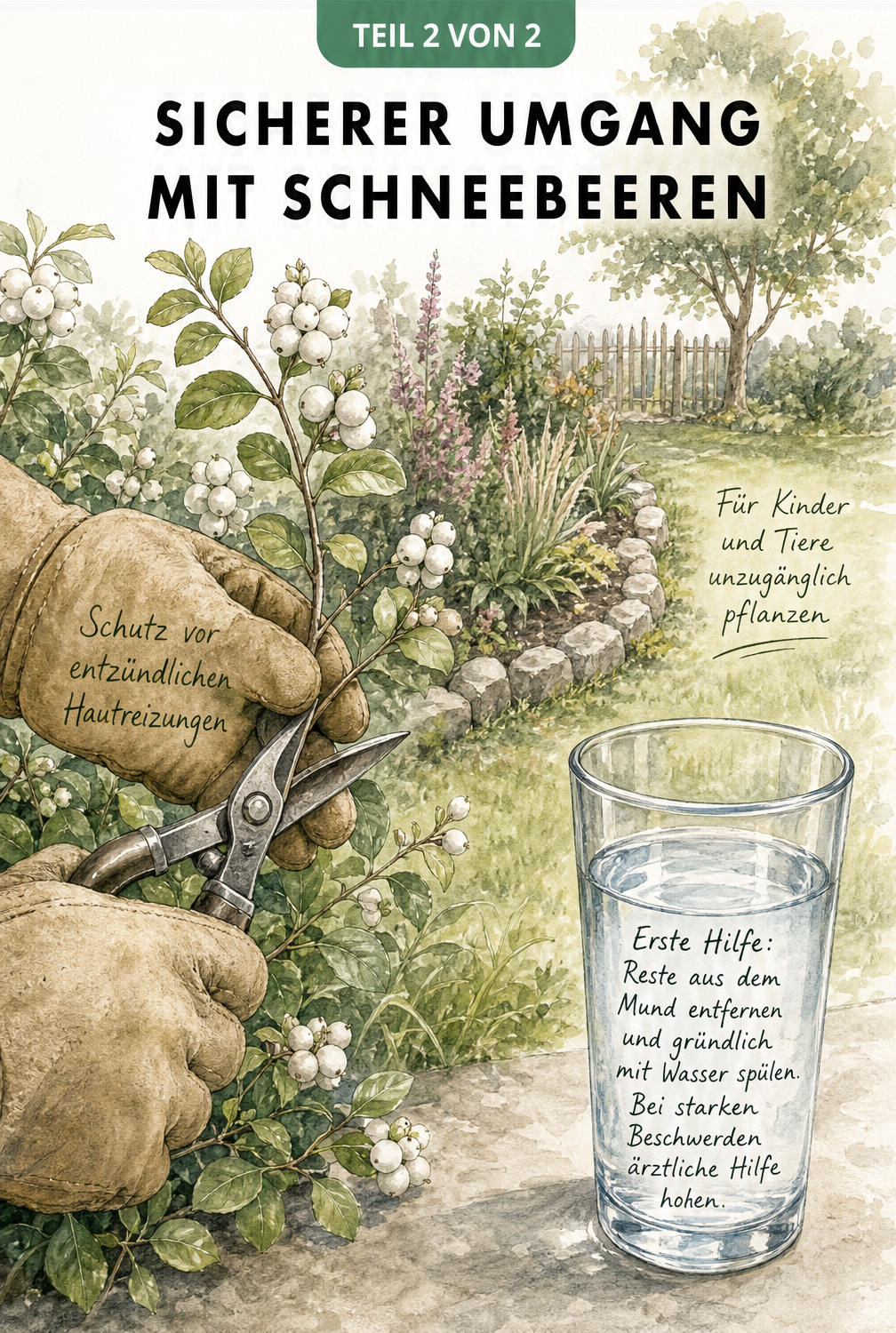Illustration zum sicheren Umgang mit Schneebeeren: Handschuhe beim Schneiden und Erste Hilfe bei Verzehr