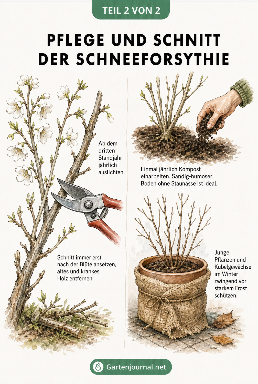 Illustration zur Pflege der Schneeforsythie mit Tipps zu Rückschnitt, Bodenansprüchen und Winterschutz