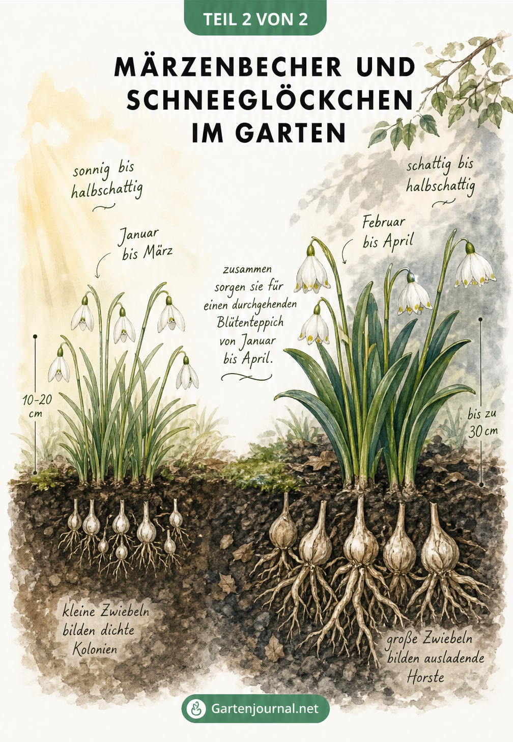Querschnitt durch ein Frühlingsbeet mit Schneeglöckchen und Märzenbechern, Wuchshöhe und Zwiebeln im Boden