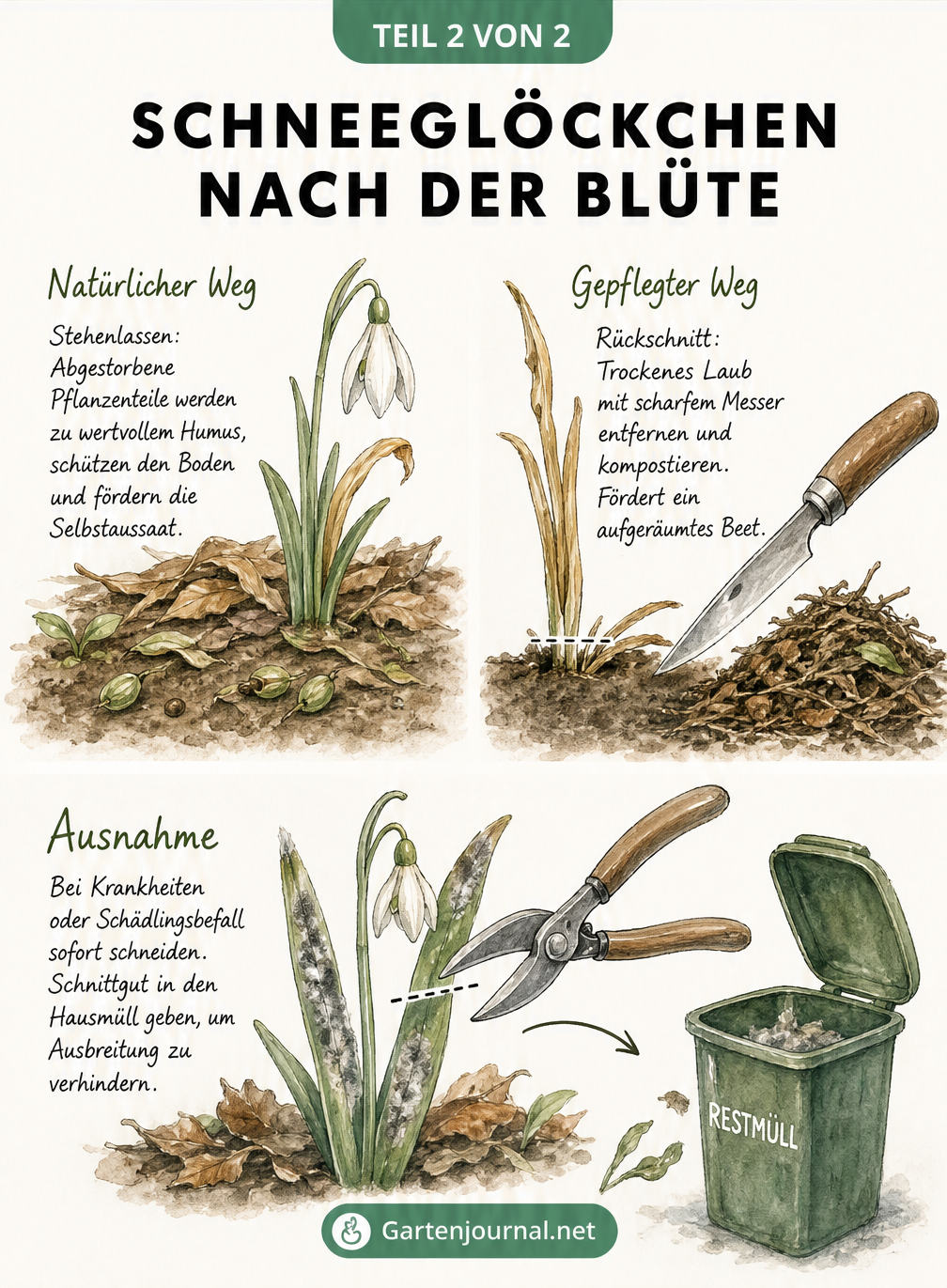Illustration von drei Pflege-Wegen für Schneeglöckchen: Stehenlassen, Rückschnitt und Entsorgung bei Krankheiten.