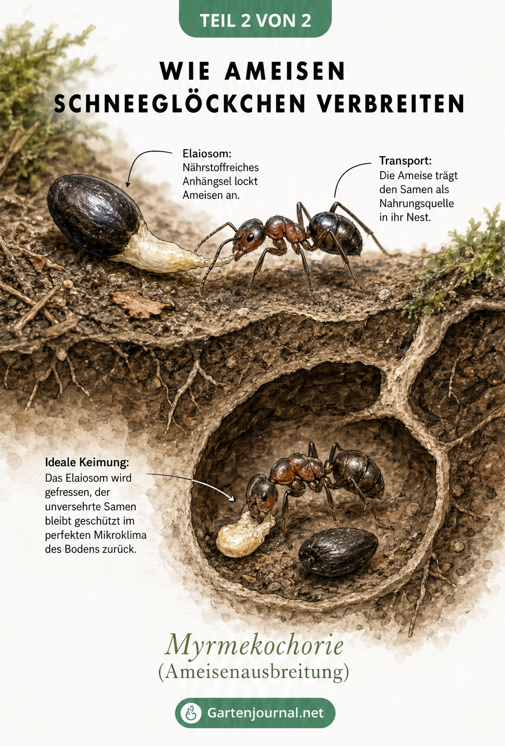 Illustration einer Ameise, die einen Schneeglöckchen-Samen am Elaiosom in ihr unterirdisches Nest transportiert