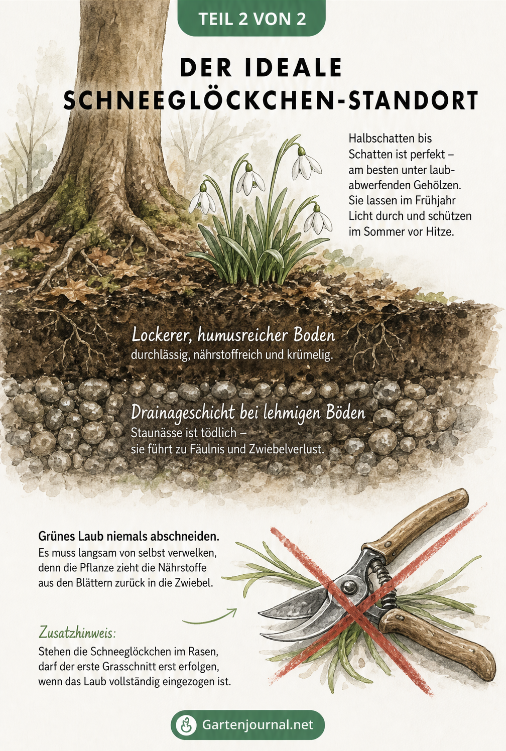 Illustration eines Laubbaumes mit Schneeglöckchen an den Wurzeln, darunter ein Erdschnitt, der lockeren Boden und eine Drainageschicht zeigt, sowie eine...