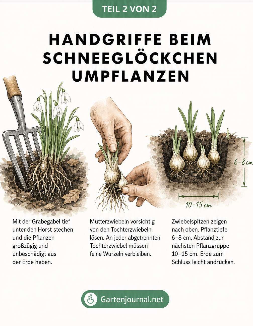 Skizzenhafte Darstellung der Handgriffe beim Umpflanzen von Schneeglöckchen mit Grabegabel und Händen