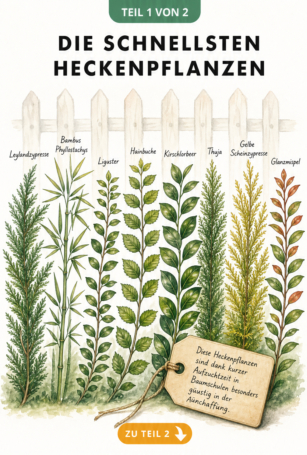 Botanische Illustration von acht schnell wachsenden Heckenpflanzen wie Leylandzypresse, Bambus und Liguster mit Preisschild.