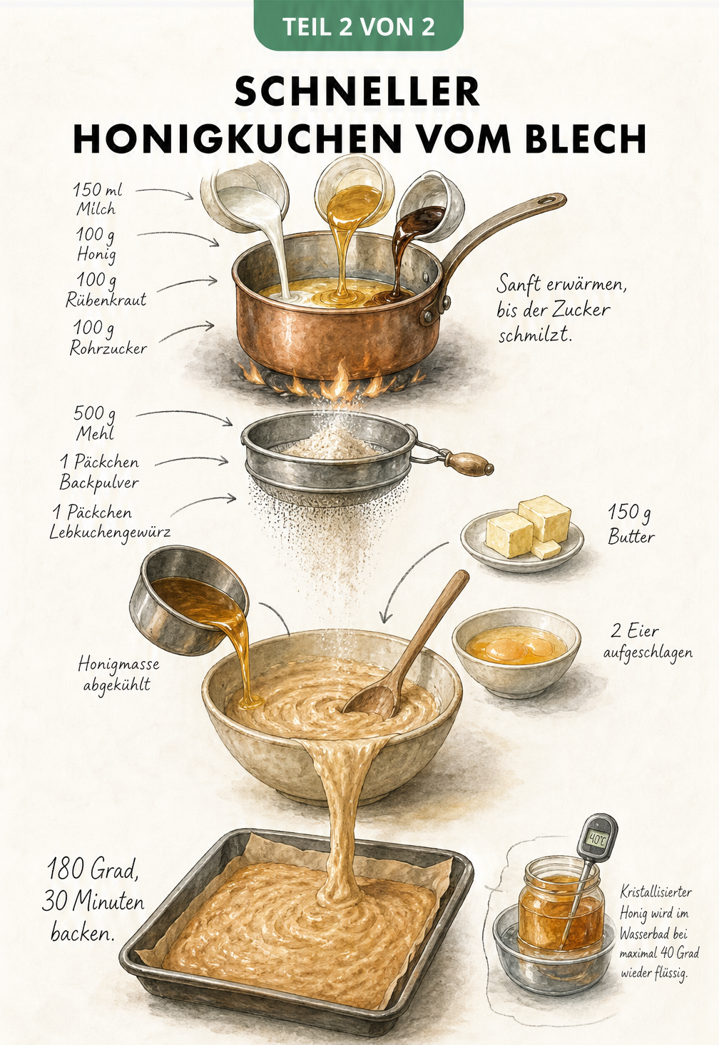 Illustration der Zubereitung eines schnellen Honigkuchens vom Blech mit Zutaten wie Milch, Honig, Mehl und Butter