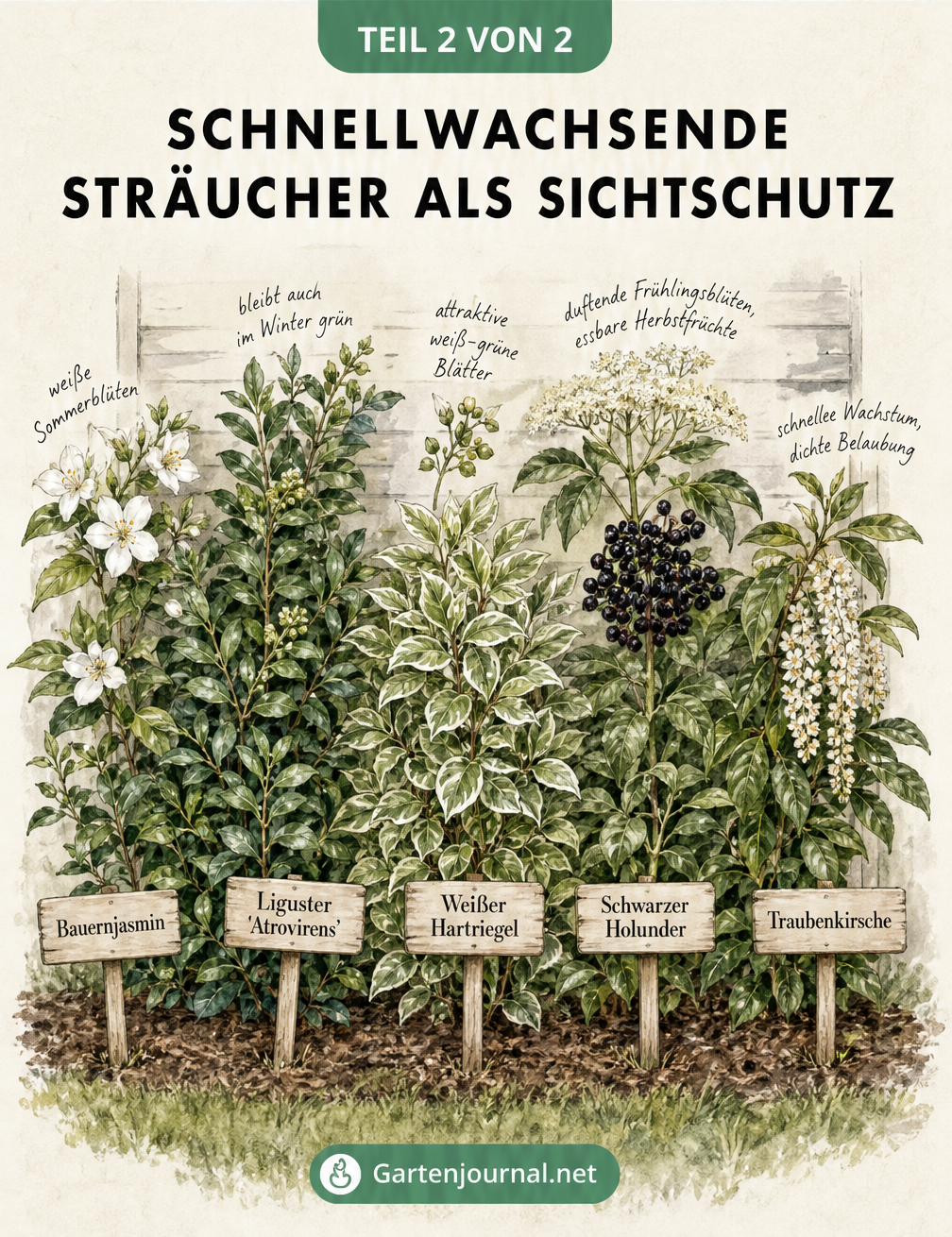 Aquarell-Skizze von fünf schnellwachsenden Sträuchern vor einer Holzlattenwand