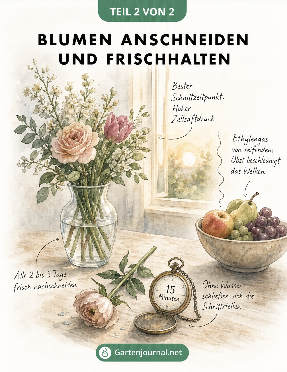Illustration einer Glasvase mit Blumenstrauß, Hinweisen zum Nachschneiden alle 2 bis 3 Tage und dem Einfluss von Ethylengas durch reifendes Obst.