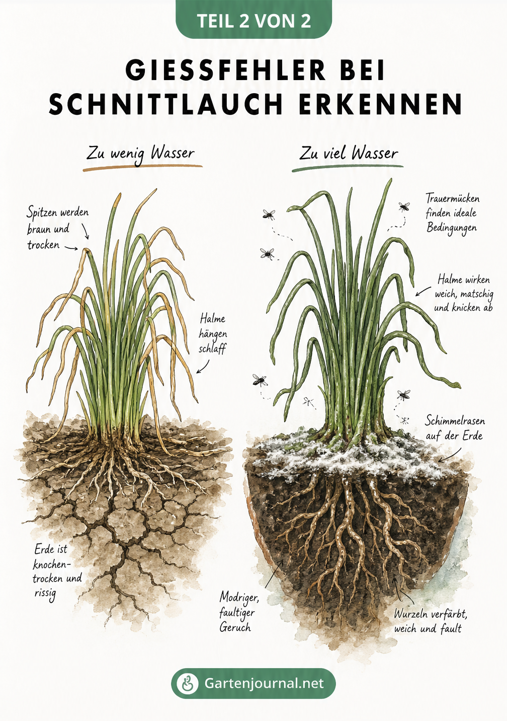 Illustration von zwei Schnittlauchpflanzen, die Symptome von Wassermangel und Überwässerung zeigen