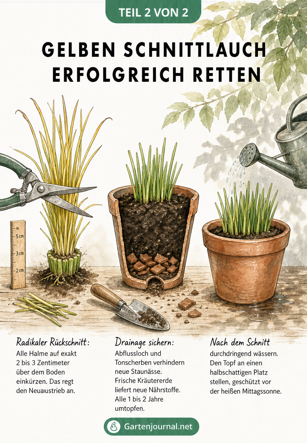 Illustration zur Rettung von gelbem Schnittlauch: Radikaler Rückschnitt mit der Gartenschere, Umtopfen mit Drainage und Wässern am halbschattigen Standort.