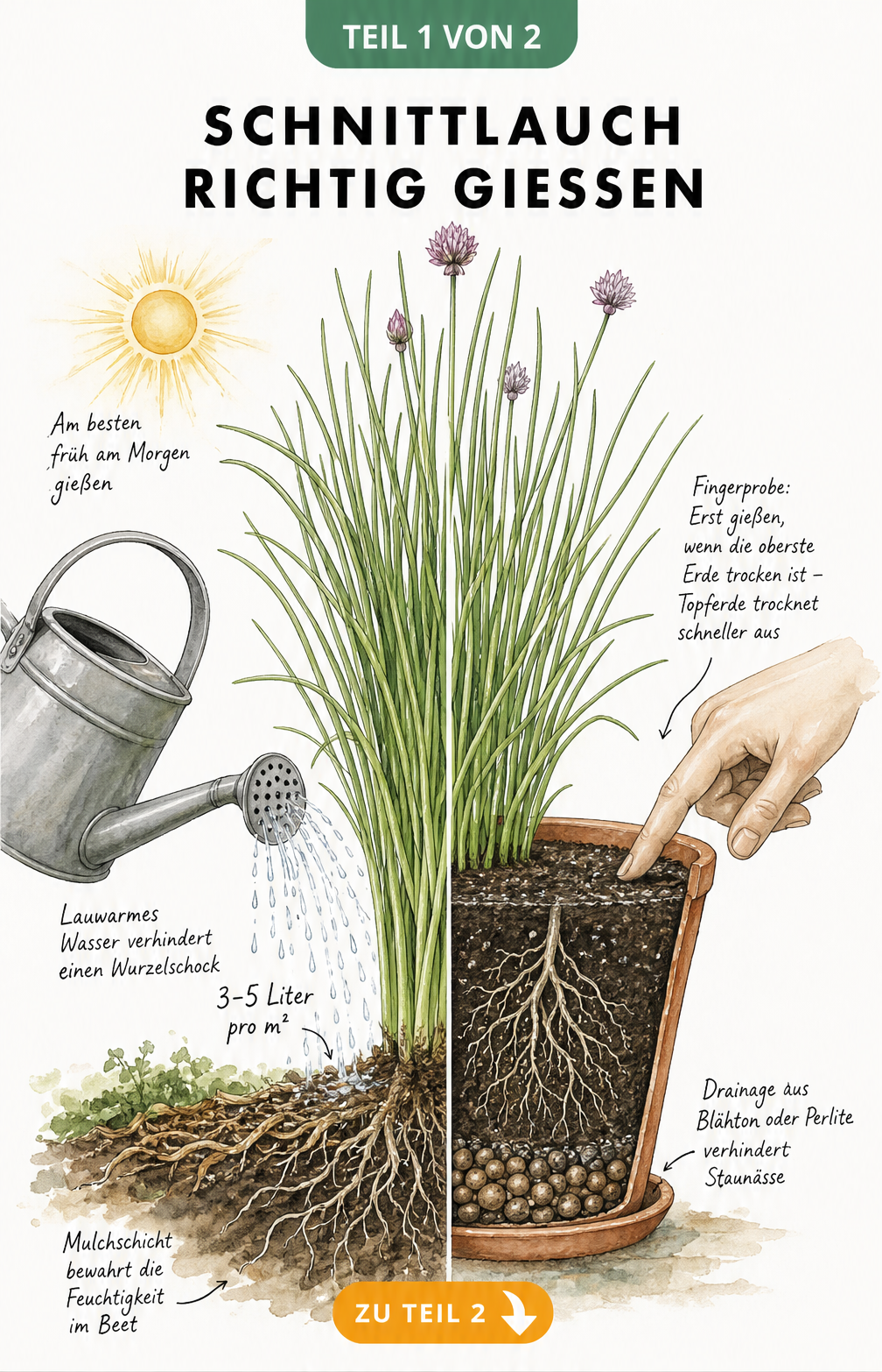 Illustration einer Schnittlauchpflanze im Beet und im Topf mit Hinweisen zur richtigen Bewässerung