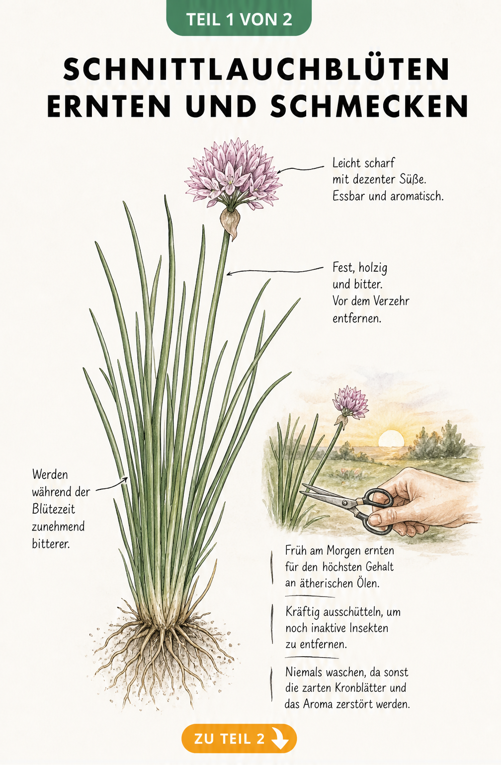 Botanische Illustration einer Schnittlauchpflanze mit Blüte, Röhrenblättern und Wurzeln sowie Hinweisen zu Geschmack und Ernte.