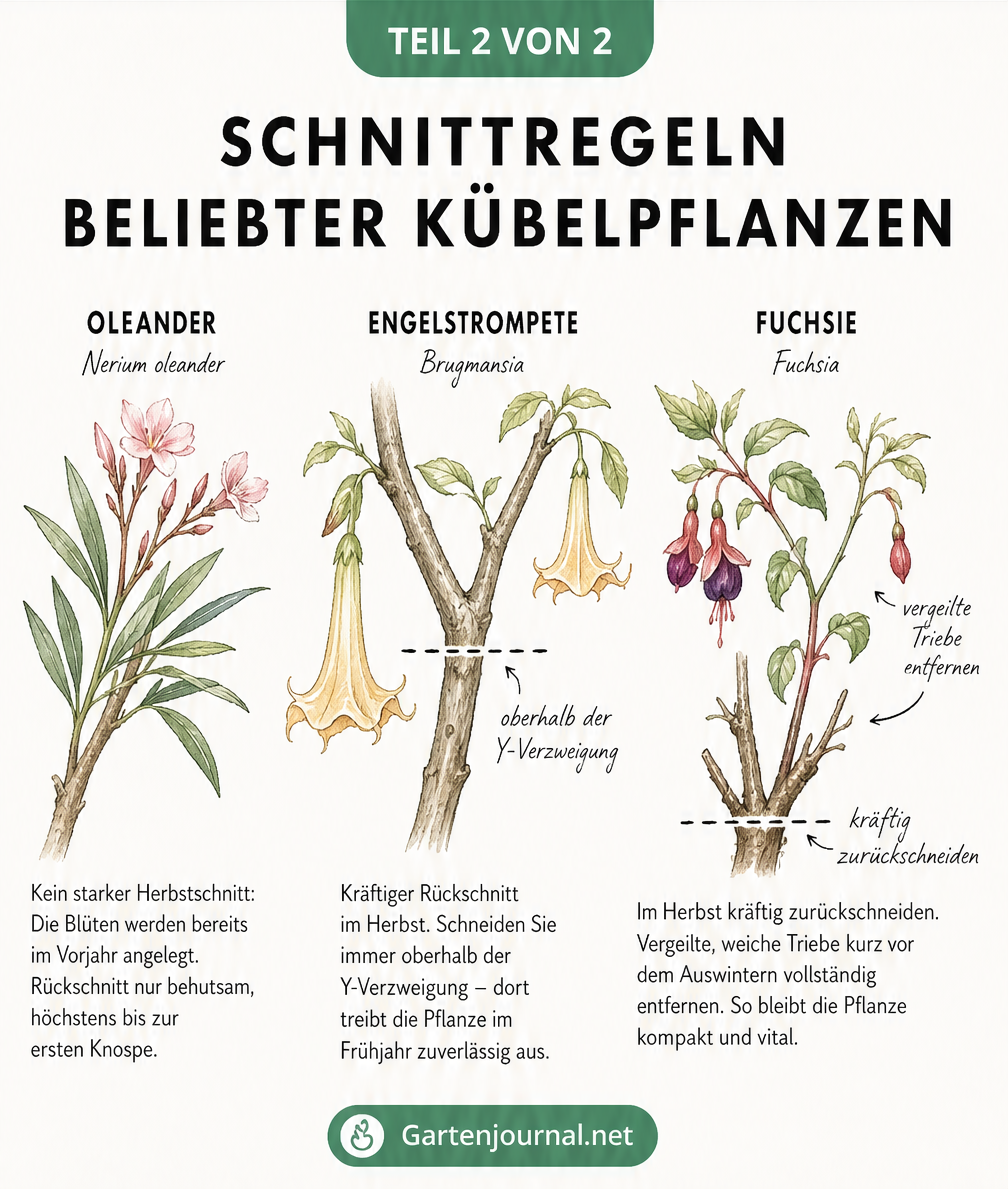 Aquarell-Illustration von Oleander, Engelstrompete und Fuchsie mit Markierungen für den korrekten Rückschnitt