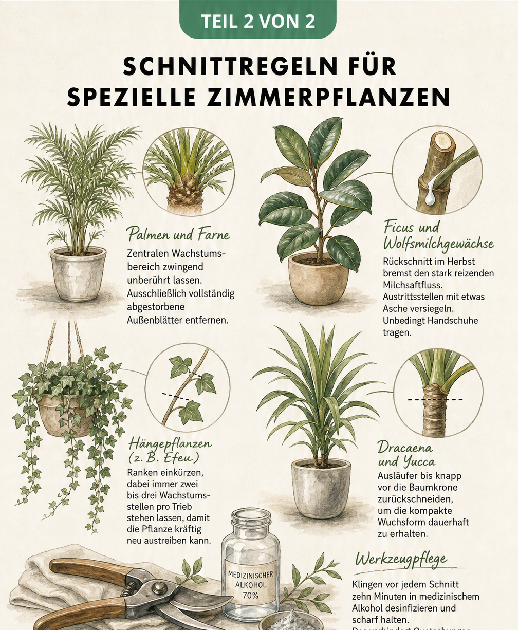 Skizzenhafte Darstellung von Schnittregeln für spezielle Zimmerpflanzen wie Palme, Ficus und Hängepflanze