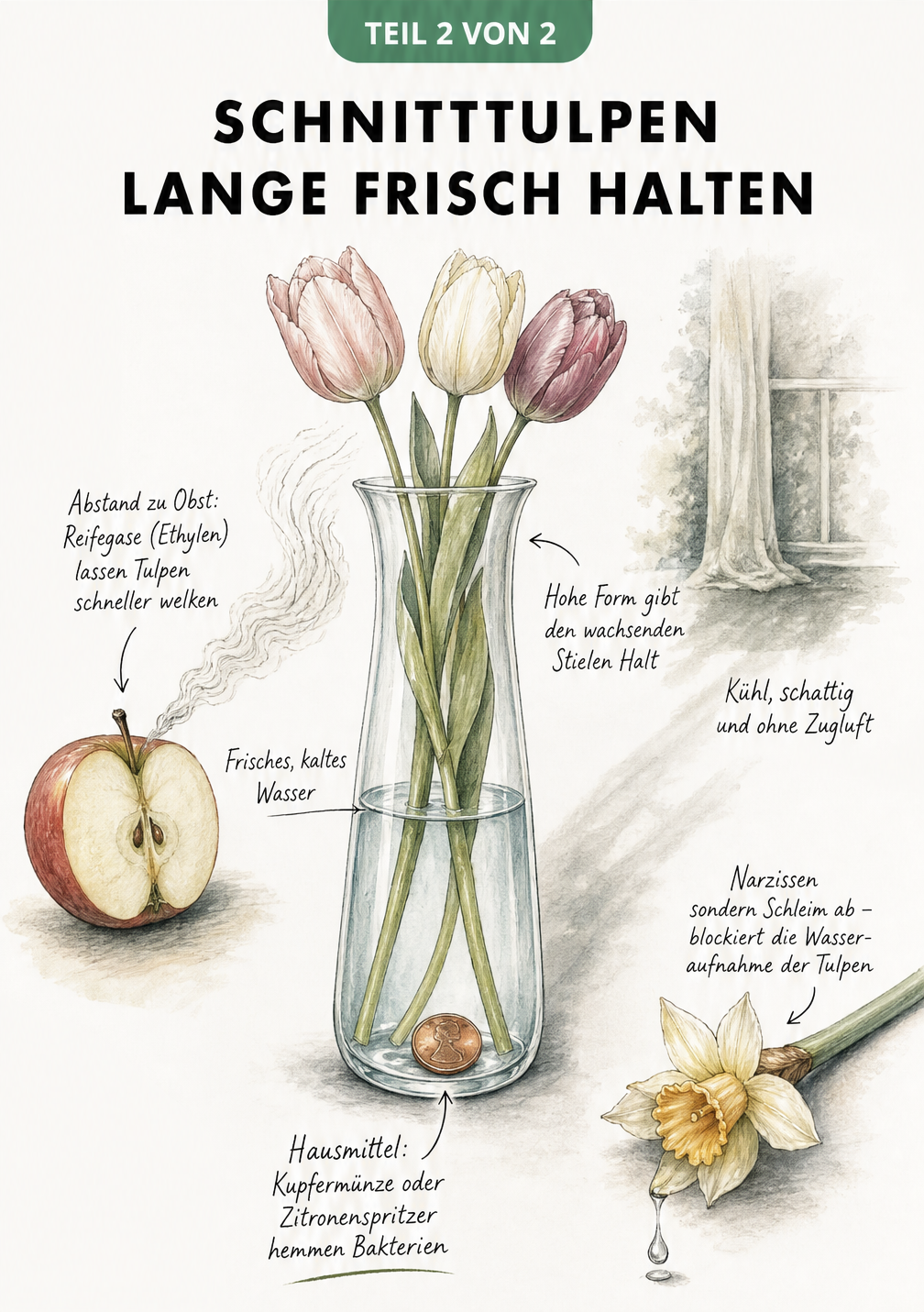 Illustration einer Glasvase mit Tulpen, einer Kupfermünze im Wasser und Hinweisen zu Standort und Nachbarpflanzen.