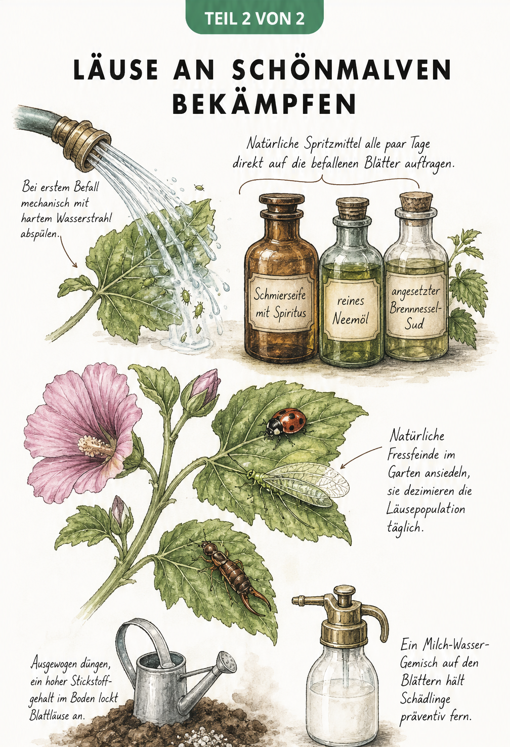 Aquarell-Skizze mit Hausmitteln wie Schmierseife und Neemöl sowie Nützlingen zur Blattlausbekämpfung