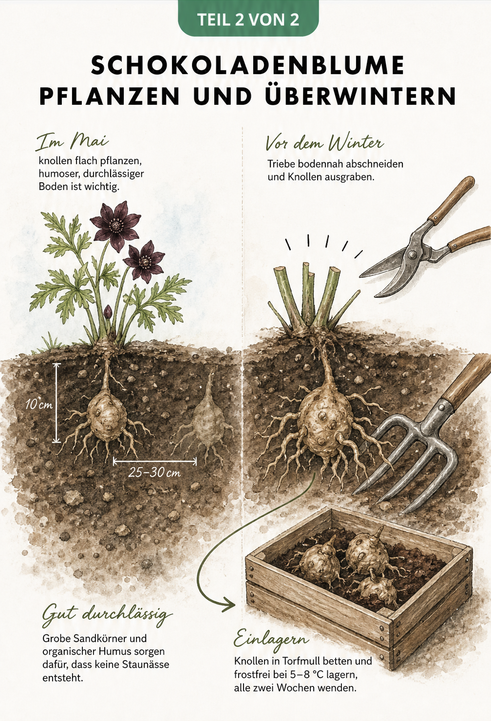 Querschnitt-Zeichnung: Schokoladenblume im Mai pflanzen und Knollen im Herbst frostfrei überwintern