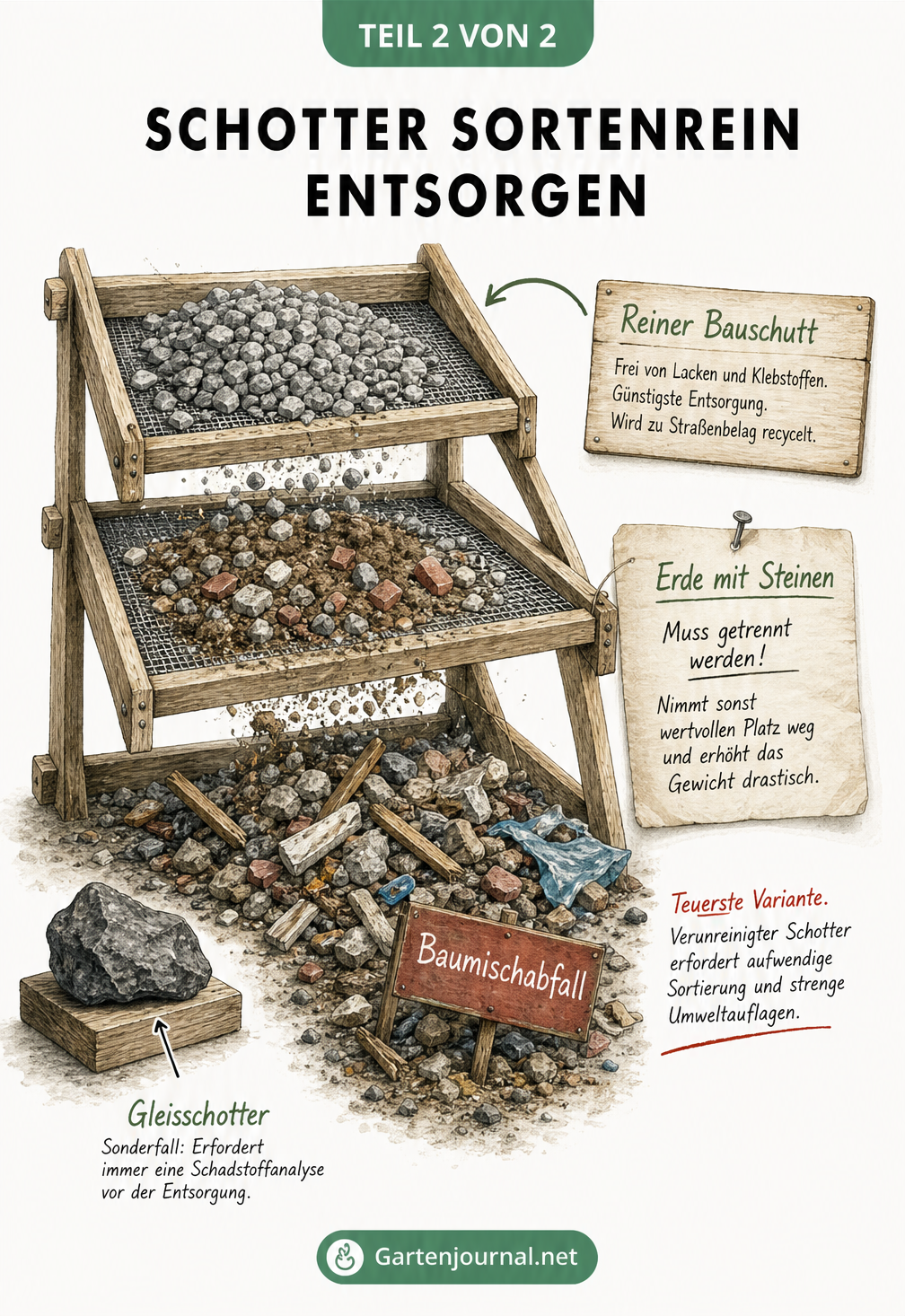 Illustration eines dreistufigen Rüttelsiebs, das die Trennung von reinem Bauschutt, Erde mit Steinen und Baumischabfall zeigt, um Entsorgungskosten zu sparen.
