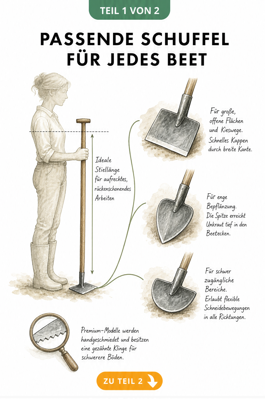 Botanische Skizze einer Person mit Schuffel und drei verschiedenen Metallblättern für unterschiedliche Beete
