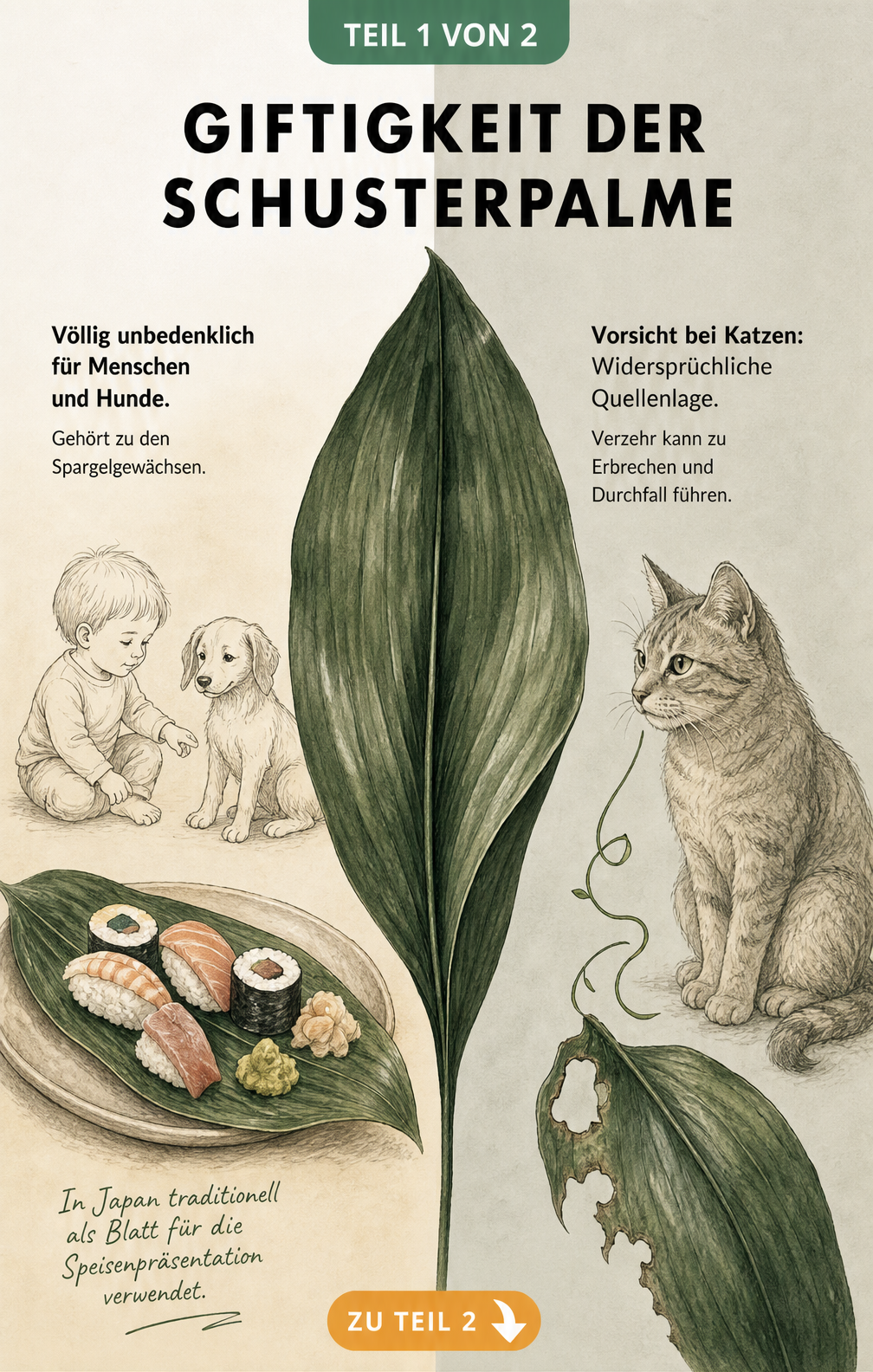 Illustration eines Schusterpalmenblatts mit Sushi, Kleinkind, Hund und Katze zur Darstellung der Giftigkeit