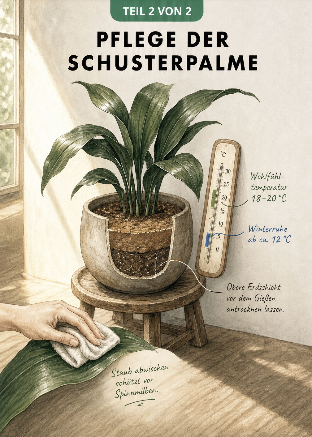 Illustration einer Schusterpalme im Topf mit Thermometer, Erdschicht-Querschnitt und Hand, die ein Blatt abwischt