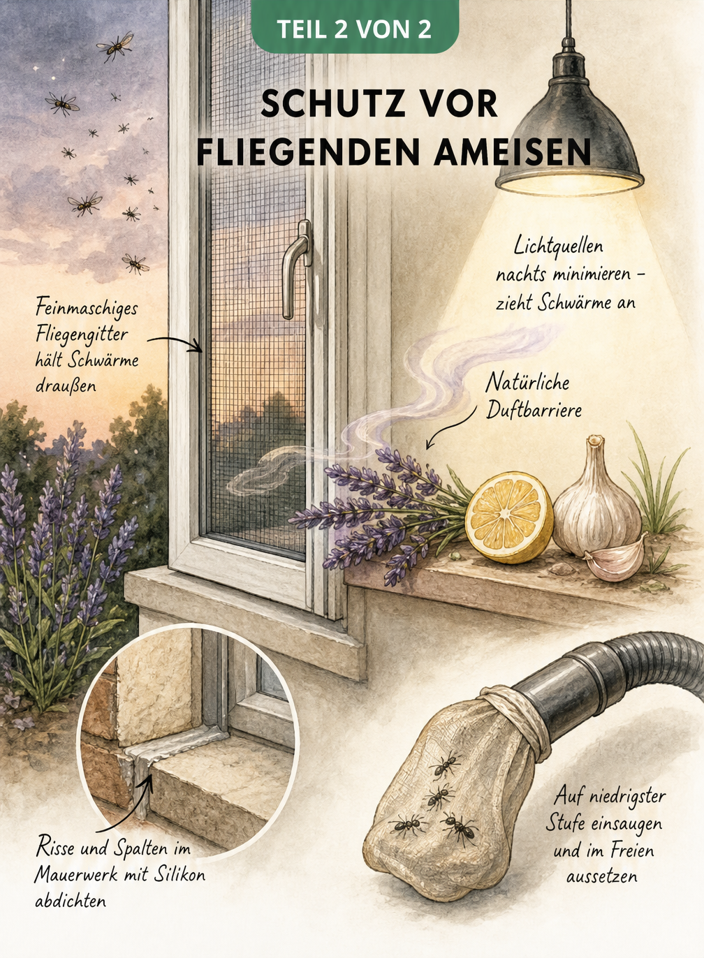 Querschnitt eines Fensters mit Tipps zum Schutz vor fliegenden Ameisen durch Fliegengitter und Düfte