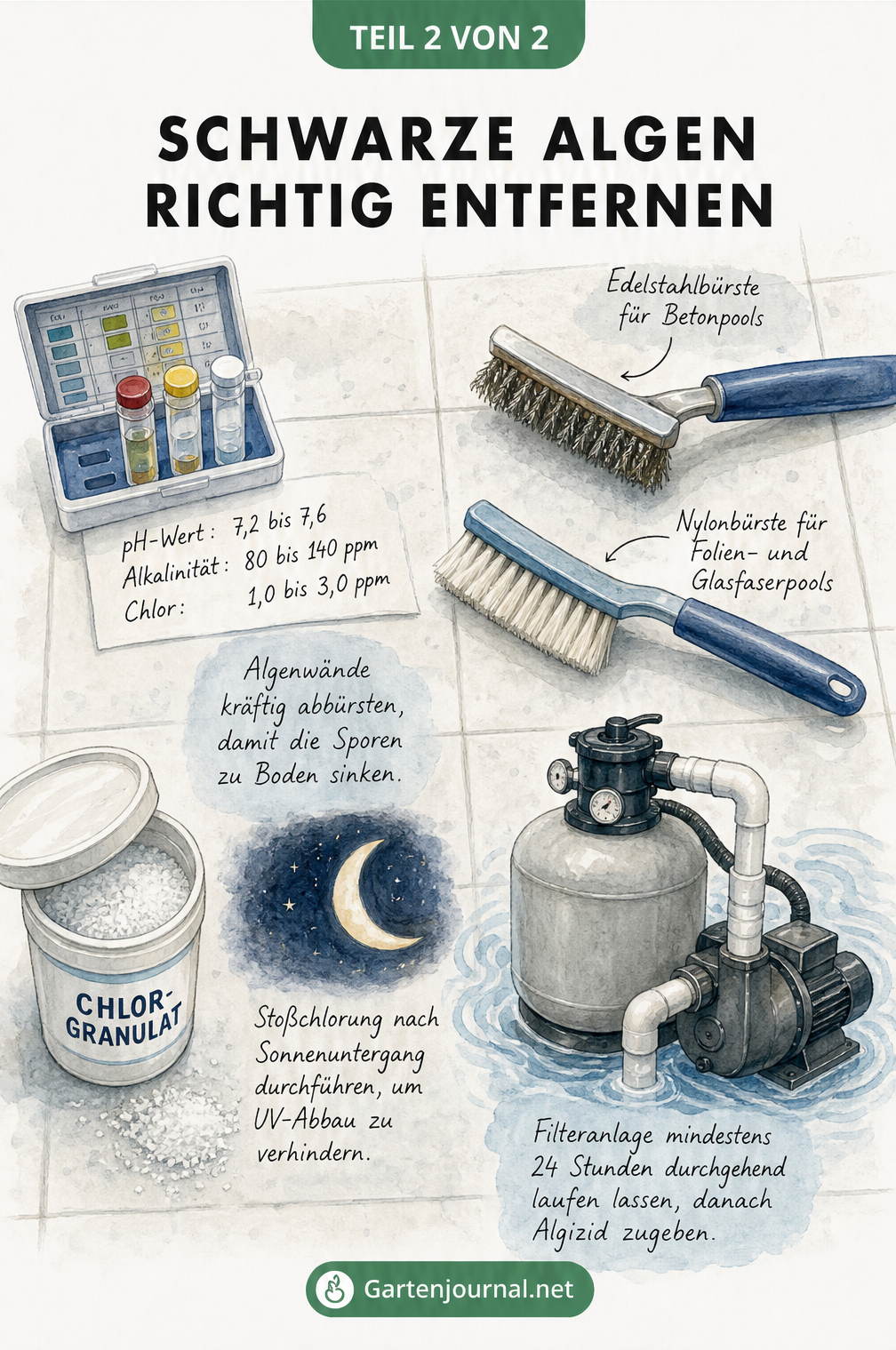 Aufsicht auf Poolfliesen mit Wassertest-Kit, Edelstahl- und Nylonbürste, Chlorgranulat und einer stilisierten Filterpumpe zur Algenentfernung.
