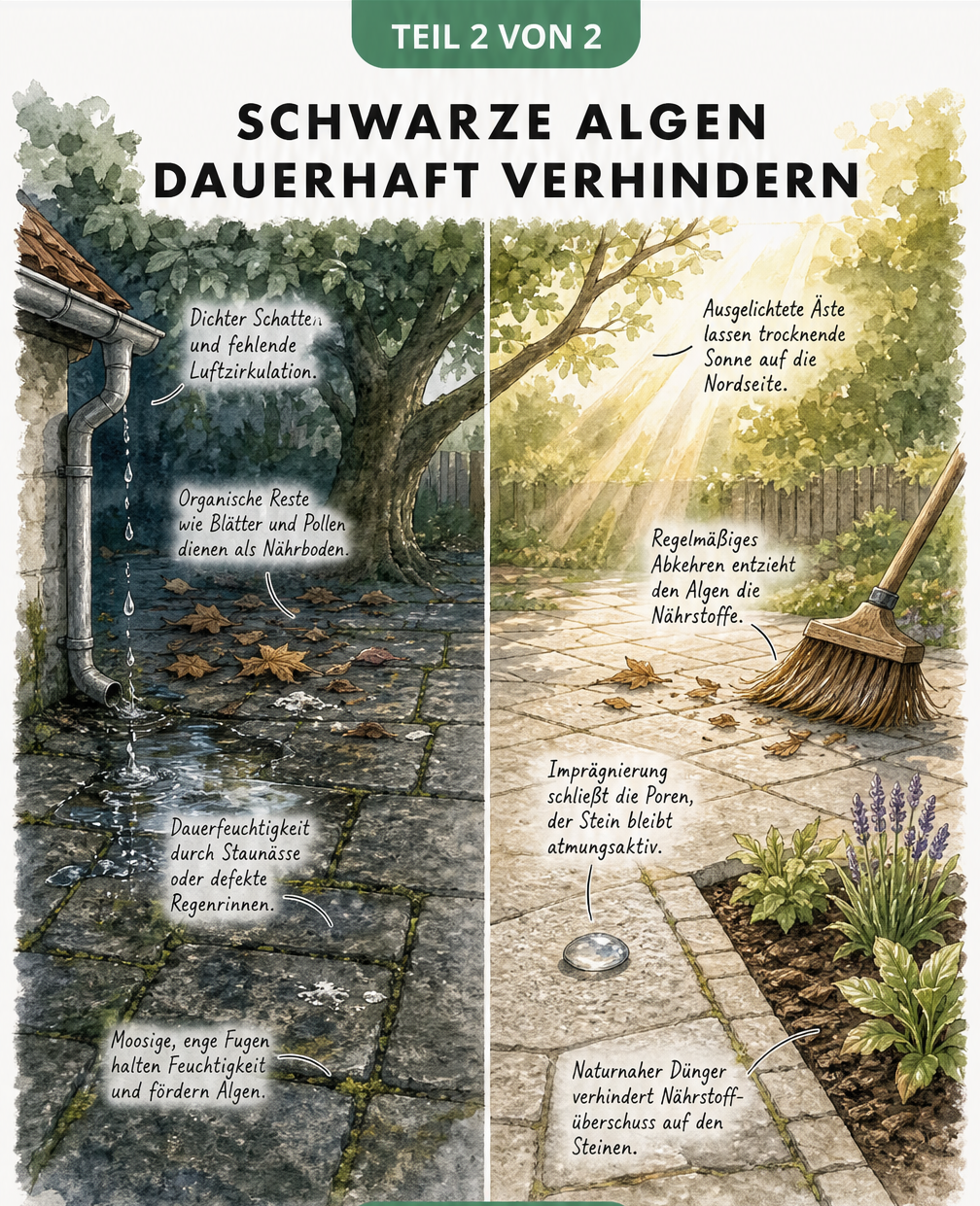 Gegenüberstellung einer schattigen, feuchten Terrasse mit Algenbefall und einer sonnigen, gepflegten Terrasse ohne Algen.