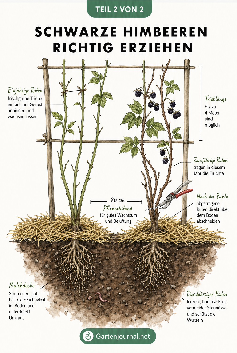 Schematische Darstellung zum Schnitt und zur Erziehung von schwarzen Himbeeren am Rankgerüst